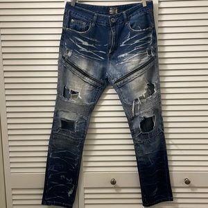 New Zipper Distressed Straight Denim Jeans White Washed 32X30